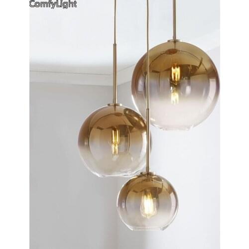 Vintage Gold Plated Glass Shade Pendant Lamps Round Nordic design Hanging lamp Modern Kitchen Shop Bar Hall Pendant Lights E27