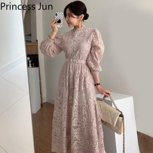 French Romantic Retro Blue Pink Lace Dress Elegant Stand Collar Puff Sleeve Slim Waist Fairy Dress Vintage A Line Party Dress