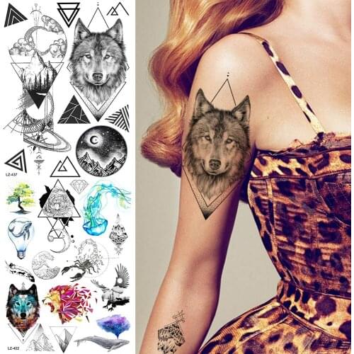 YURAN Wolf Geometric Black Large Triangle Custom Tattoos Temporary Women Arm Chest Art Tato Peak Moon Body Wrist Tattoo Stickers