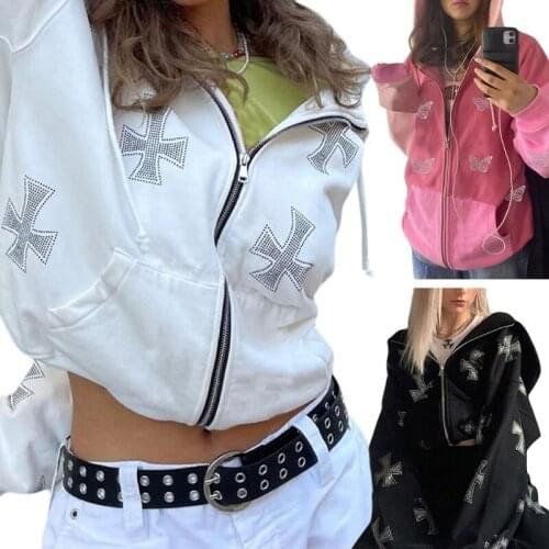 Women Zip Up Hoodie Jacket Harajuku Goth Punk Cross Rhinestone Hip Hop Sweatshirt Coat Long Sleeve Oversized Outwear