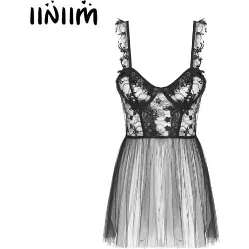 Womens Erotic Dresses See Through Sheer Mesh Hollow Out Lingerie Sexy Babydoll Underwired Cups Lace Bodice Chemise Nightdress