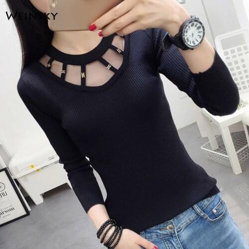 Women Knitted Hole Sweater And Pullovers Korean Fashion Style O-Neck Jumper Sweaters 2019 Autumn And Winter New Tops