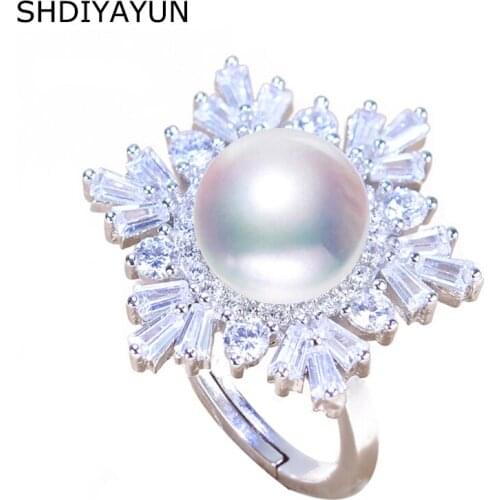 SHDIYAYUN 2019 Fine Pearl Rings Natural Freshwater Pearl Snowflake Big 925 Ring Zircon 925 Sterling Silver Jewelry For Women