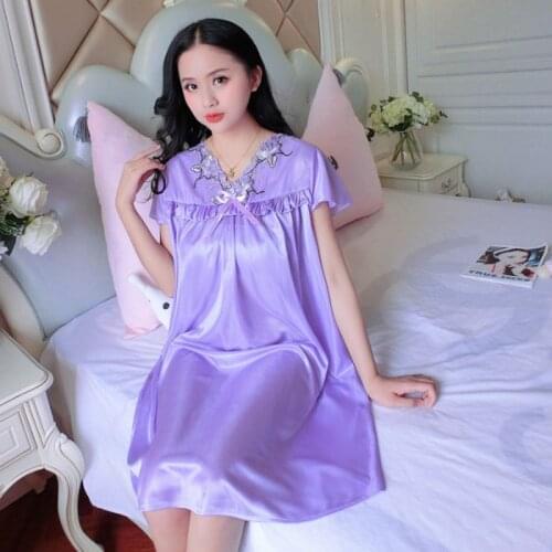 Women Plus Size Night Dress Female Silk Nightwear Loose Lace Nightgown Night Gown Embroidery Sleepwear