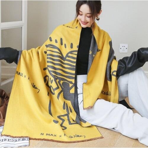 2021 Winter Cashmere Scarf Women Cartoon Print Pashmina Shawls Lady Wraps Thick Warm Bufanda Echarpe Blanket