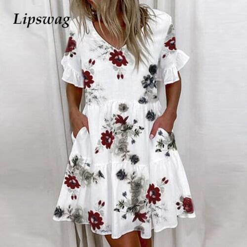 2021 Spring Sexy Butterfly Short Sleeve Summer Beach Dress Women Elegant Floral Print Ruffle Party Dress Pocket Loose Mini Dress