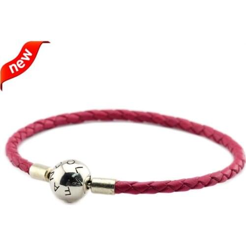 925 Silver Jewelry Rose Leather Bracelet with Round Clasp Fashion Bracelets for Women DIY Jewelry Making Fits Europe Beads Charm