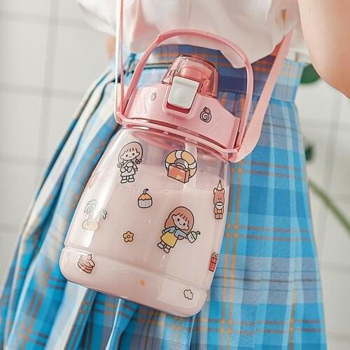 Large Capacity Cartoon Water Bottle with Straw Plastic Cup Milk Tea Mug Juice Drinkware for Travel Outdoors Sport Camping 1300ml