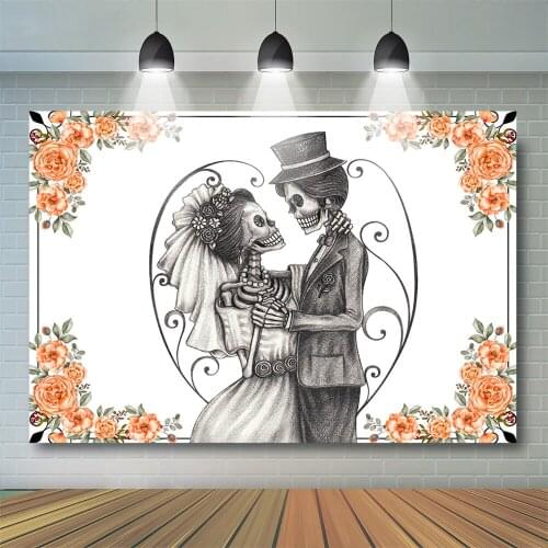 Day Of The Dead Background Skull Wedding Party Banner Fiesta Photography Backdrop Death Dating Decor Orange Floral Photostudio