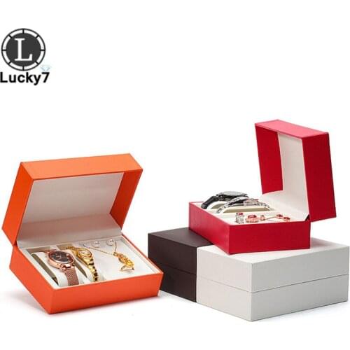 Flip PU Leatherette Watch Box Couple Pair Watch Box Watch Necklace Set Gift Box For Jewelry Display Box Earrings Storage