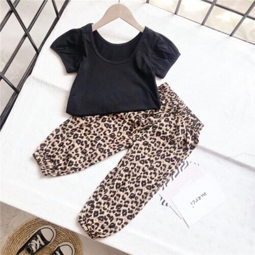 Summer new 2-6 year old girl baby black little sexy backless short sleeve T-shirt + leopard pants princess suit