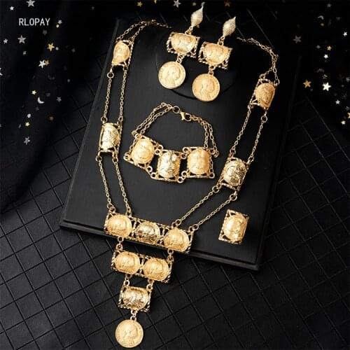 New France Coin Necklace Set In Gold Napoleon Figure Necklace/Earrings/Ring/Bracelet Royal Bridal Jewelry Sets