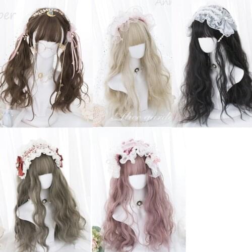 Cosplay Lolita Wigs With Bangs Long Wavy Synthetic Hair Wig For Women High Temperature Fiber 5 Colors + Wig Cap