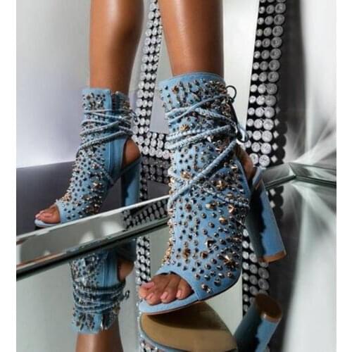 Sexy Blue Denim Studded Ankle Boots Peep Toe Chunky Heels Lace-up Ridding Boots Hollow Gold Rivets Dress Shoes Drop Ship