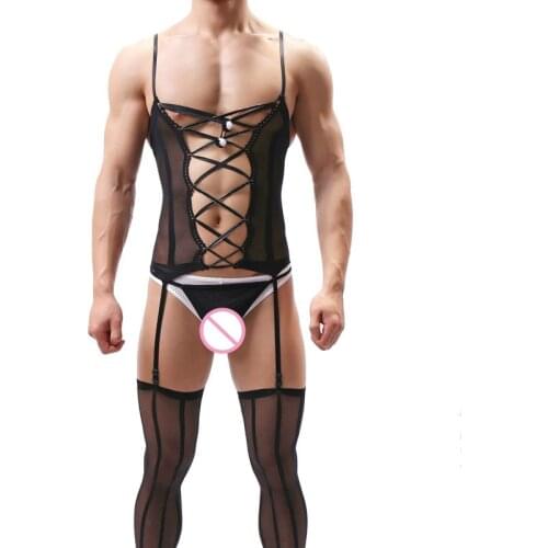 Mens Vertical Stripes Suspender Sleepwear Mens Sexy Lingerie Transparent Nightwear Male Underwear with Garter Belt Stockings