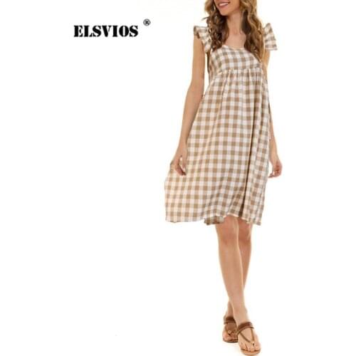Square Collar Lotus Leaf Sleeve Dress Summer Sweet Girl Plaid Print Loose Sleeveless Vestidos Women Casual High Waist Midi Dress