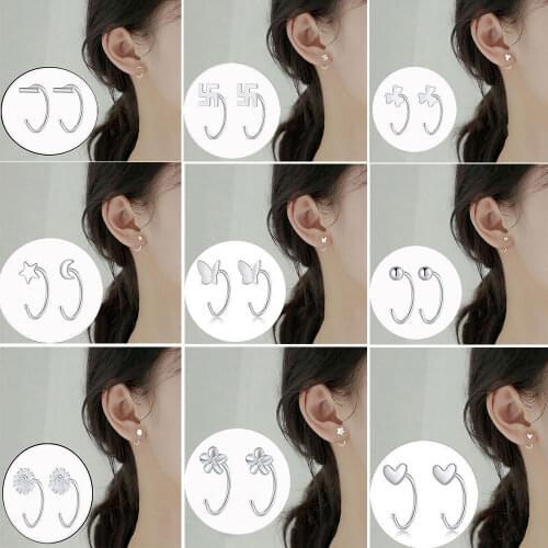 Simple Small Studs Ball Heart Flower Butterfly Star Moon Asymmetry Open Huggie Hoop Earrings Women Fashion Jewelry