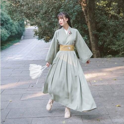 Early American Cherry-Beautiful Womens Chinese Hanfu Style Sakura Embroidery Vintage Gorgerous Dress 2Pcs Set Light Tea Green