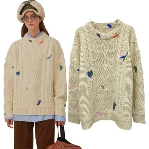 Retro Loose Oversize O-Neck Jacket Ugly Christmas Sweater Geometric Embroidery Diamond Thick Needle Women Fall Winter Pullover