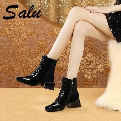 Salu Genuine Leather Lace Up High Heels Boots Women 2020 Ladies Ankle Boots for Women Autumn Winter Shoes Woman Size 40