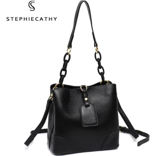 SC Luxury Genuine Leather Shoulder Bags Women Fashion Design Pendant Chain Handbags Cowhide Ladies Casual Daily Crossbody Bucket