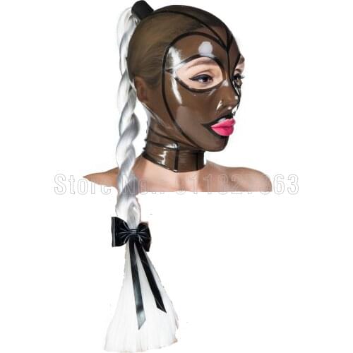 Sexy Handmade Latex Hood Mask with Twist Braid Wig Back Zipper Fetish Black Hood Ponytail w Little Bow
