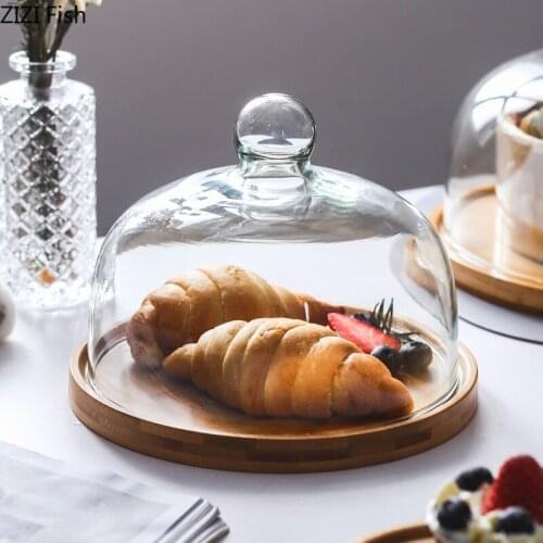 Cake Display Tray Glass Transparent Cover Dessert Fruit Tasting Box Pastry Bread and Pastry Tasting Wooden Tray Glass Cover