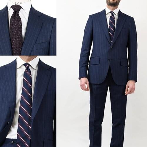 Navy Striped Groom Wedding Suits Mens Slim Fit Two Button Formal Work Prom Outside Party Office Blazer Jacket(Jacket+Pants)