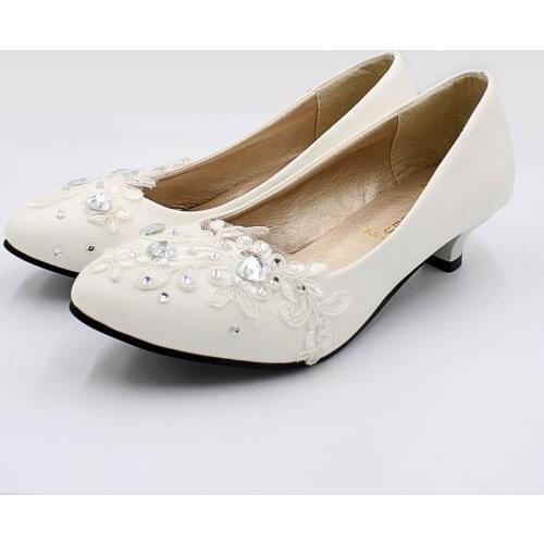 3CM low small heel white lace wedding shoes bride handmade NQ203 silver crystal rhinestones ornament party dancing pumps shoe
