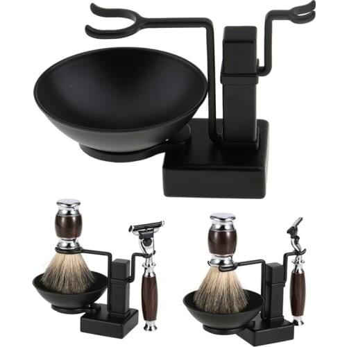 Bathroom Barber Men Metal Shaving Rack Stand Set - Shave Brush Holder Shelf + Soap Mug Cup Bowl Black