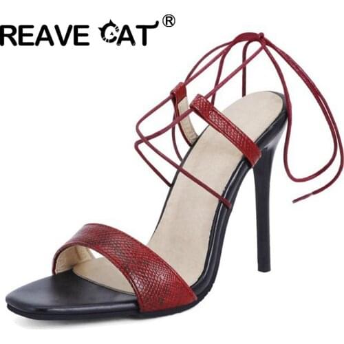 REAVE CAT New 2021 Women Sandals Open Toe 11cm Thin Heels Faux Genuine Leather Lace-Up Sexy Classic Big Size 48 Party A3923
