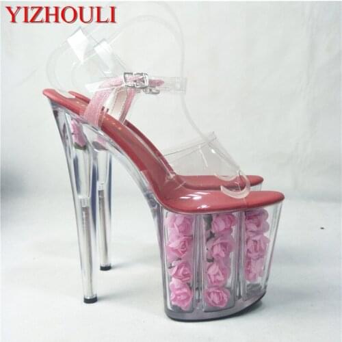 Sexy and see-through 20cm high heels with pink roses for ladys sandals crystal dance shoes