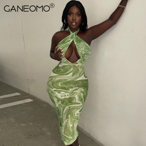 Elegant Halter Print Pencil Long Dresses Women Hollow Out Sleeveless Sexy Party Club Bodycon Wrap Maxi Dresses Wholesale Items