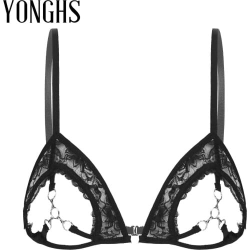 Womens Erotic Open Cups Bra Top with Metal Rings Linked at Bust for Sex See Through Sheer Lace Lingerie Bra for Lingerie Night