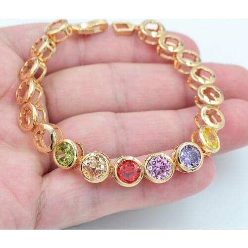 Gold Color AAA+ Cubic Zirconia Fashion Women Rainbow Multicolor Round CZ Candy Charm Bracelet Jewelry