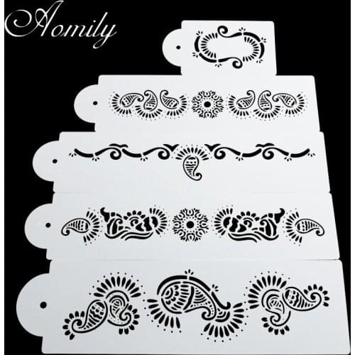 Aomily 5pcs/Set Fish Tail Pattern DIY Cake Stencils Airbrush Painting Art Molds Fondant Decorating Tools Coffee Espresso Stencil