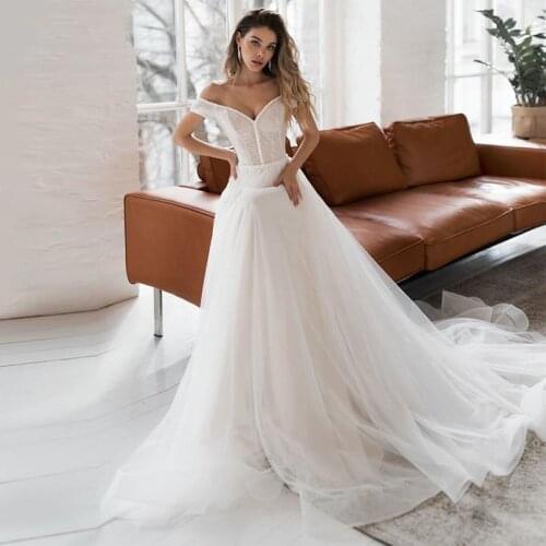 Vintage Tulle Wedding Dresses Off The Shoulder Shiny Princess Elegant Bridal Gowns A-Line Boho Vestidos Branco 2021