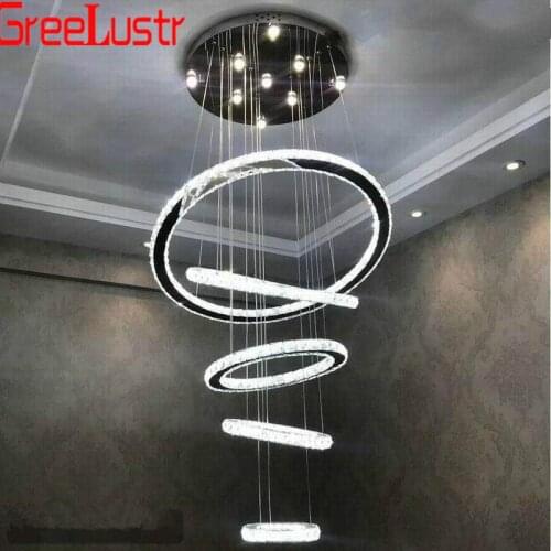 Large Luxury Crystal LED Chandelier Lighting Fixture 5 Rings Circle LED Crystal Pendant Hanging Lamp Stair Hall Dimming Lustres