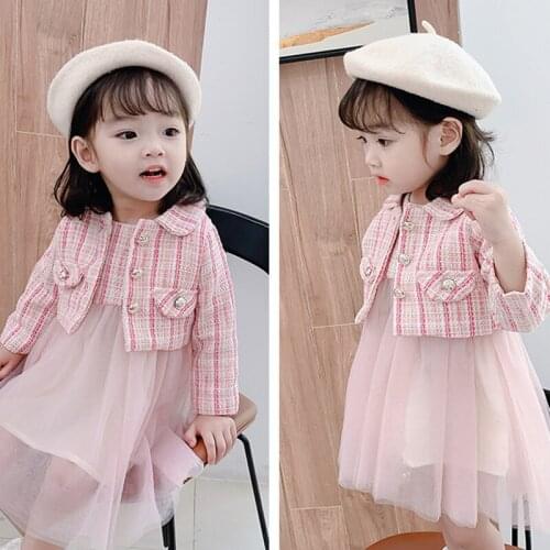 Children Clothing 2021 Fashion Infant Girl Little Fragrant Suit Girls Sleeveless Check Mesh Dress Long Sleeve Jacket 2 Piece Set