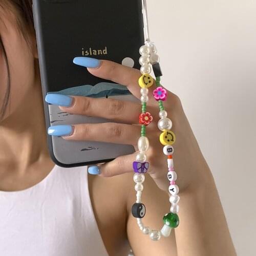 Ins Woven Smile Love Letter Beaded Anti-lost Phone Chain Soft Ceramic Lanyard Charm Strap Mobile For Girls Phone Choker Keys