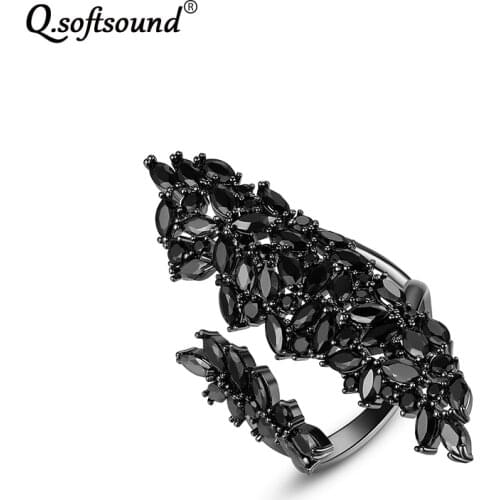 Qsoftsound Marquise Cut Zircon Pave Open Rings For Women Black Gold Filled CZ Stone Crystal Jewelry Cocktail Ring anillos QR012