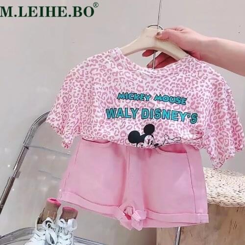 Two Pieces Cotton Girls Clothing Sets Summer Short Sleeve Children Sets Fashion Girls Clothes Suit Cartoon Minnie Outfits 1-7Y