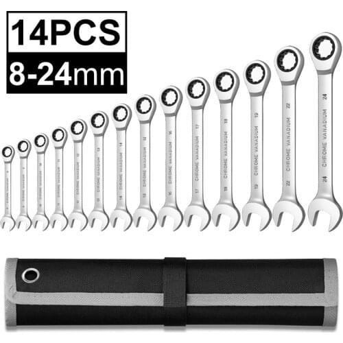 14pcs Combination Box End Ratchet Wrench Key Wrench Set Spanner Kit Metric 8-24mm Hand Tool Set Car Repair Tools