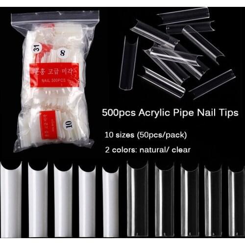 500pcs Natural/ Clear Acrylic Fake Nails 10 Sizes Long Tube Shape Half Nail Tips For Nail Extension Practise Nail Art Tool
