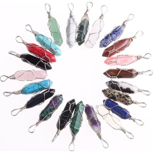 Wrapped Natural Stone Necklace Pendant Hexagon Column Balancing Energy Pendant Necklace Crystal Pendulum Amulet Free Shipping