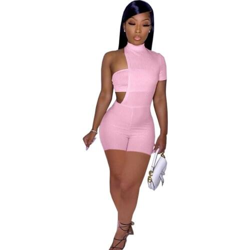 Sexy Solid Rib Knit Turtle Neck Night Party Club Bodycon Short Jumpsuit Women Summer Outfit Sportwear Playsuit Rompers Fitness