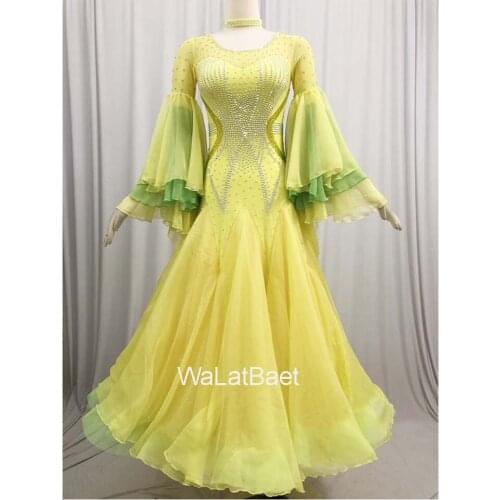 Ballroom Dance Dress For Girls Ballrom Dancing Wear Ballroom Dance Clothing Trumpet Sleeves Stage Costumes Yellow Color