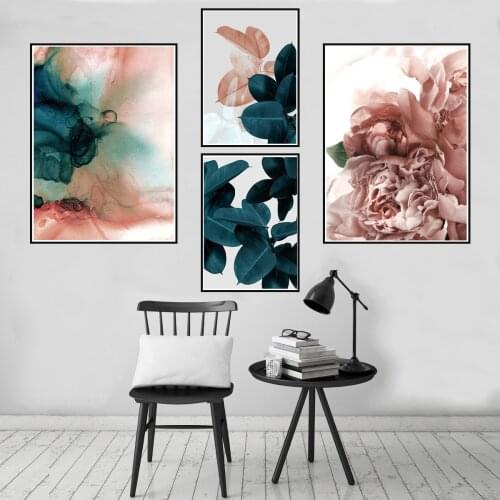 Abstract Pink Dark Green Leaves Poster Canvas Print Painting Wall Art Living Room Home Decoration
