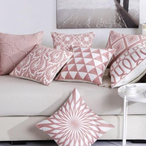 Pink Geometric Embroidery Cushion Cover Cotton Canvas Crochet Pillowcase Sofa Bedside Car Decoration Cushion Flower Cute Pillows