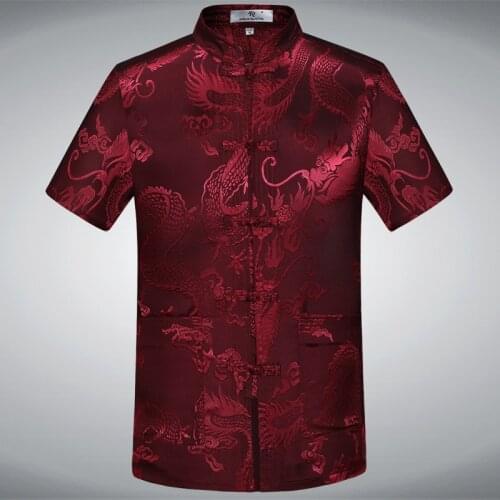 New Chinese Traditional MenS Satin Mandarin Collar Dragon Shirt Silky Tang Suit Clothing Kung Fu Tops Brand Designer Рубашка